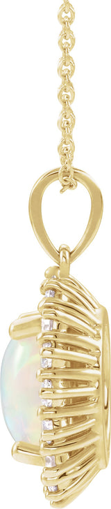 14K Gold Oval Natural White Opal & Natural Diamond Halo-Style Necklace or Pendant – 8x6mm - Yellow Gold - view 2