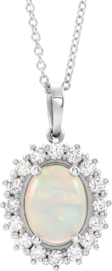 14K Gold Oval Natural White Opal & Natural Diamond Halo-Style Necklace or Pendant – 8x6mm - White Gold