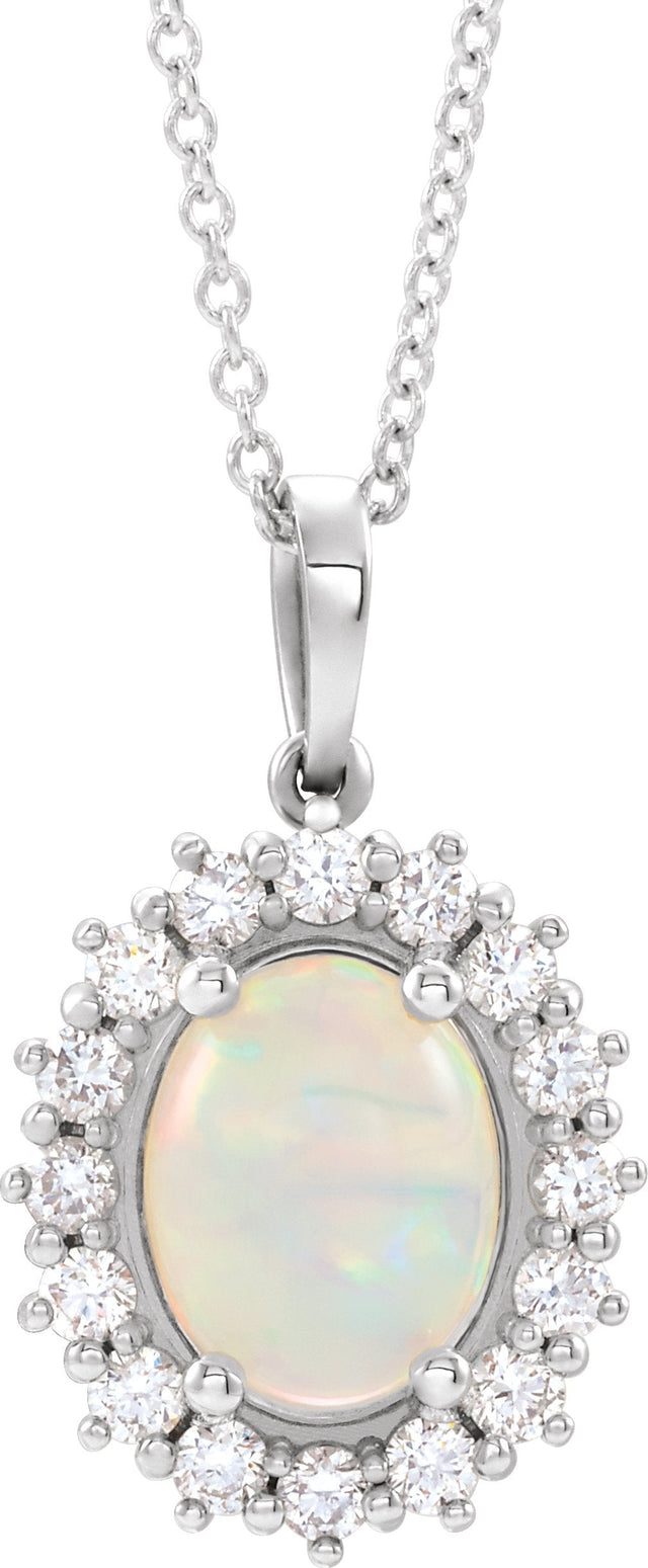 Platinum Oval Natural White Opal & Natural Diamond Halo-Style Necklace or Pendant