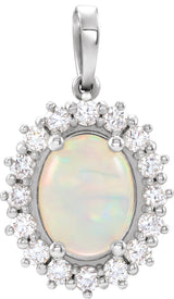 14K Gold Oval Natural Ethiopian Opal & Natural Diamond Halo-Style Necklace or Pendant – 8x6mm - White Gold
