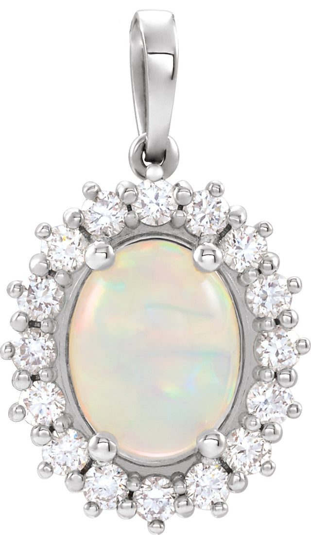 14K Gold Oval Natural Ethiopian Opal & Natural Diamond Halo-Style Necklace or Pendant – 8x6mm - White Gold