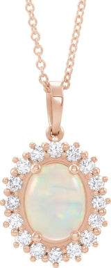 14K Gold Oval Natural White Opal & Natural Diamond Halo-Style Necklace or Pendant – 8x6mm - Rose Gold