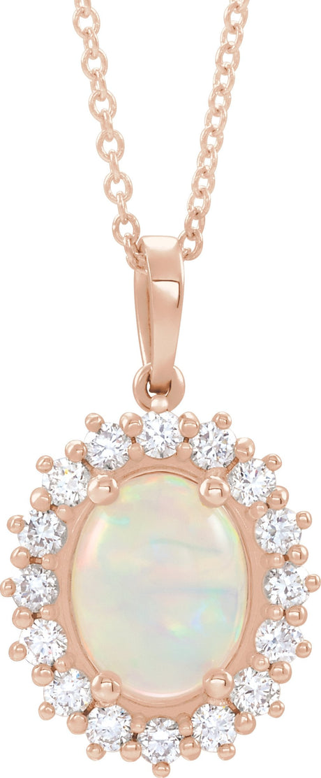 14K Gold Oval Natural White Opal & Natural Diamond Halo-Style Necklace or Pendant – 8x6mm - Rose Gold