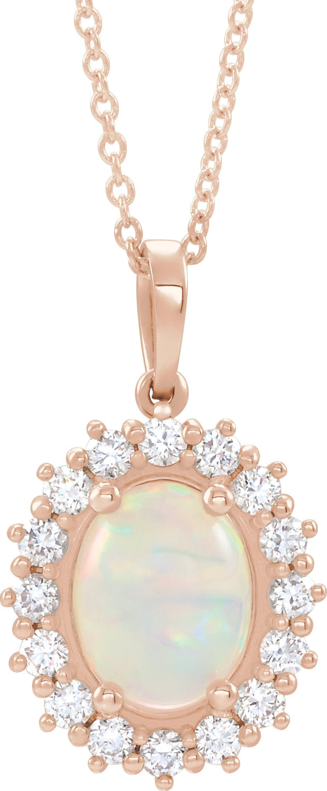 14K Gold Oval Natural White Opal & Natural Diamond Halo-Style Necklace or Pendant – 8x6mm - Rose Gold