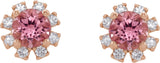 14K Gold Natural Pink Tourmaline Round 4-Prong Halo-Style Earrings - Rose Gold - view 4
