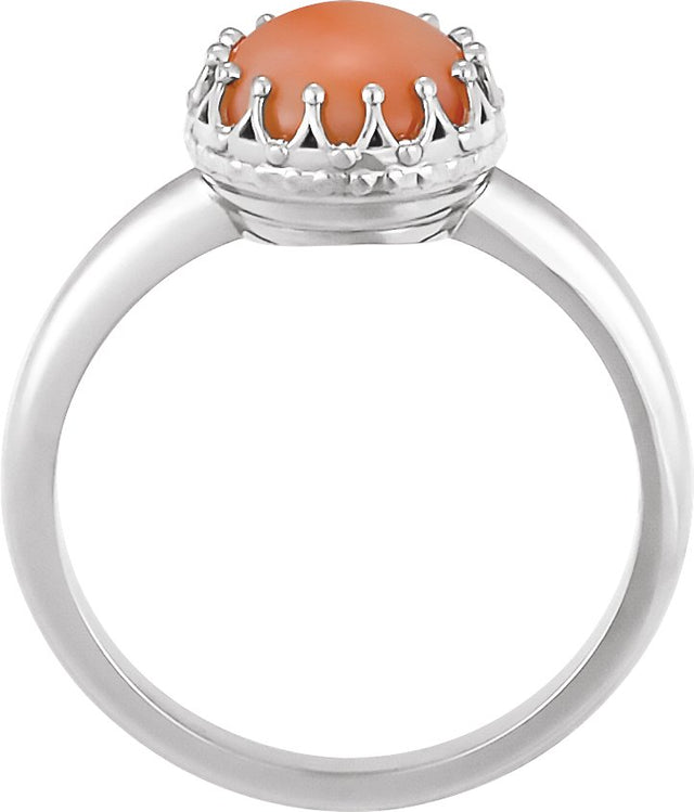 14K Gold Round Natural Pink Coral Crown Cabochon Ring - White Gold - view 2