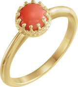 14K Gold Round Natural Pink Coral Crown Cabochon Ring - Yellow Gold