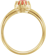 14K Gold Round Natural Pink Coral Crown Cabochon Ring - Yellow Gold - view 2