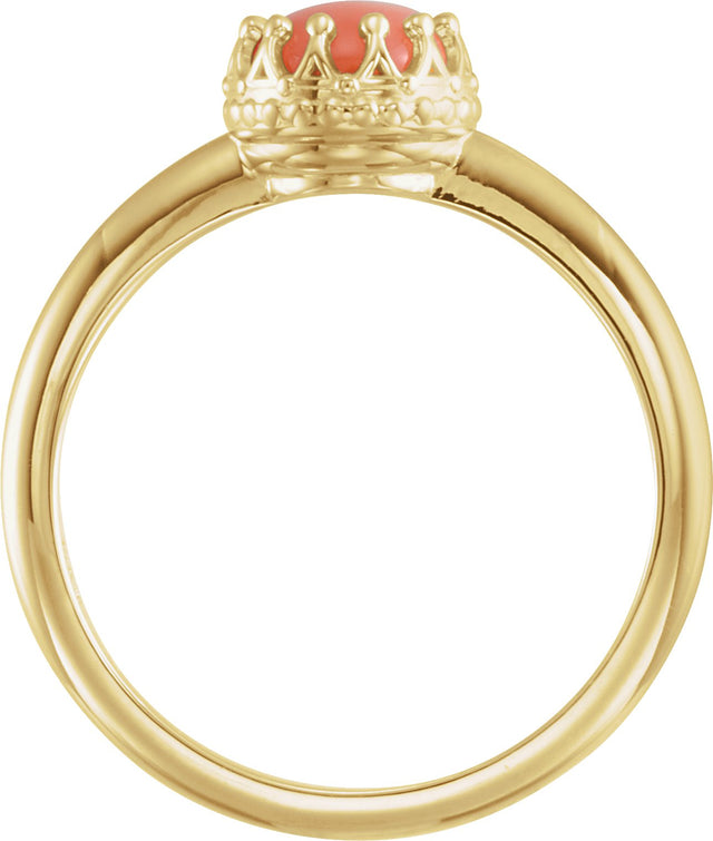 14K Gold Round Natural Pink Coral Crown Cabochon Ring - Yellow Gold - view 2