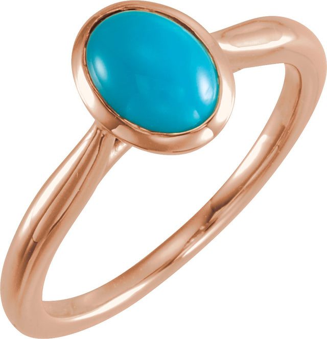 14K Gold Oval Natural Turquoise Bezel-Set Solitaire Ring - Rose Gold
