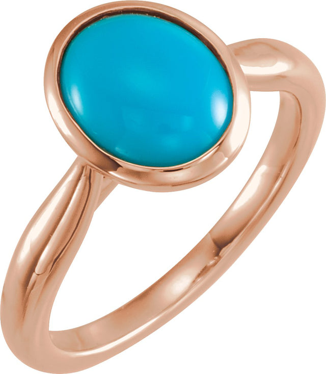 14K Gold Oval Natural Turquoise Bezel-Set Solitaire Ring - Rose Gold