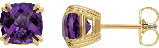 14K Gold Natural Amethyst Cushion Double Claw-Prong Stud Earrings - Yellow Gold