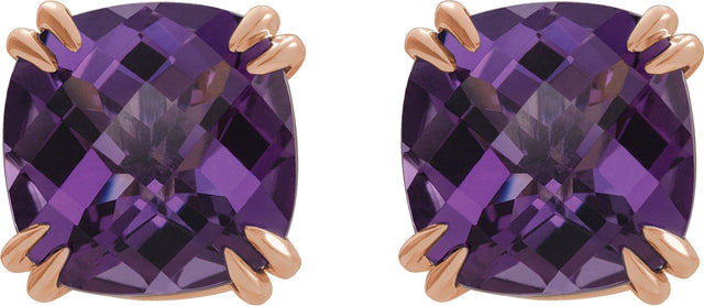14K Gold Natural Amethyst Cushion Double Claw-Prong Stud Earrings - Rose Gold - view 2