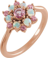 14K Gold Round Natural Pink Tourmaline & Natural Ethiopian Opal Cluster Ring - Rose Gold
