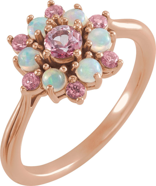 14K Gold Round Natural Pink Tourmaline & Natural Ethiopian Opal Cluster Ring - Rose Gold