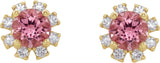 14K Gold Natural Pink Tourmaline Round 4-Prong Halo-Style Earrings - Yellow Gold - view 4