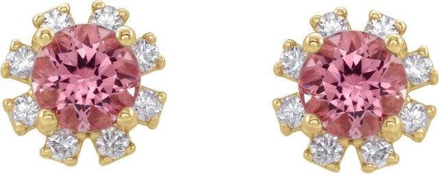 14K Gold Natural Pink Tourmaline Round 4-Prong Halo-Style Earrings - Yellow Gold - view 4