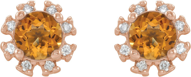 14K Gold Natural Citrine Round 4-Prong Halo-Style Earrings - Rose Gold - view 4