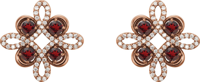 14K Gold Round Natural Mozambique Garnet Clover Earrings - Rose Gold - view 4