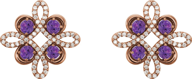 14K Gold Round Natural Amethyst Clover Earrings - Rose Gold - view 4