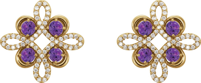 14K Gold Round Natural Amethyst Clover Earrings - Yellow Gold - view 4