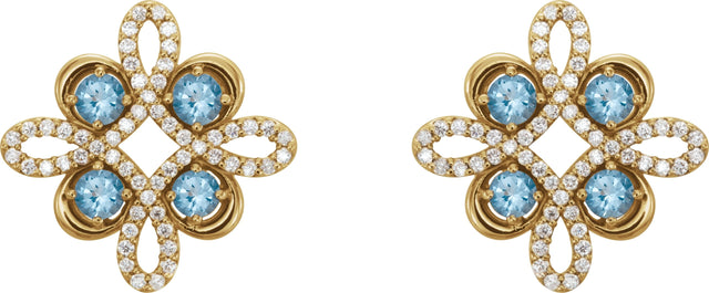 14K Gold Round Natural Aquamarine Clover Earrings - Yellow Gold - view 4