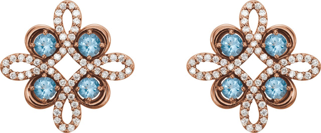 14K Gold Round Natural Aquamarine Clover Earrings - Rose Gold - view 4