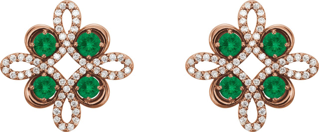 14K Gold Round Natural Emerald Clover Earrings - Rose Gold - view 4
