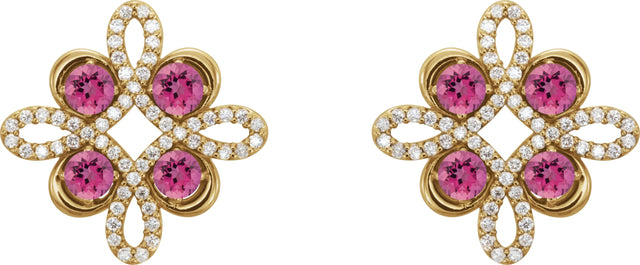 14K Gold Round Natural Pink Tourmaline Clover Earrings - Yellow Gold - view 4