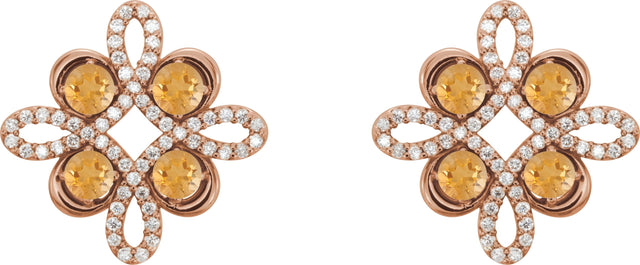 14K Gold Round Natural Citrine Clover Earrings - Rose Gold - view 4