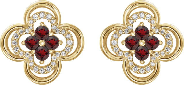 14K Gold Round Natural Mozambique Garnet Clover Earrings – 2.5mm Stones - Yellow Gold - view 4