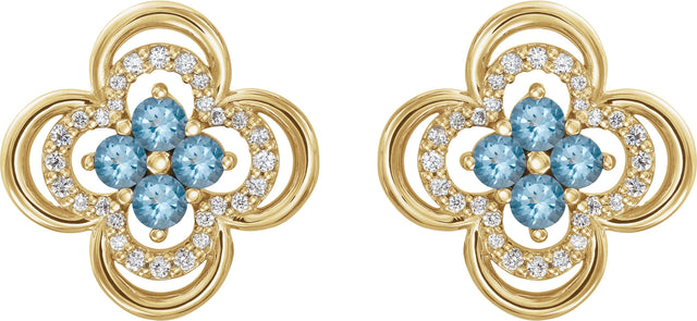 14K Gold Round Natural Aquamarine Clover Earrings – 2.5mm Stones - Yellow Gold - view 4
