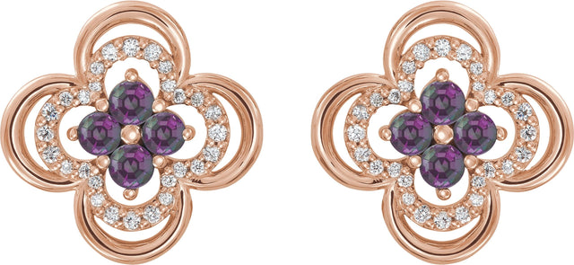 14K Gold Round Natural Alexandrite Clover Earrings – 2.5mm Stones - Rose Gold - view 4