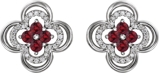14K Gold Round Natural Ruby Clover Earrings – 2.5mm Stones - White Gold - view 4