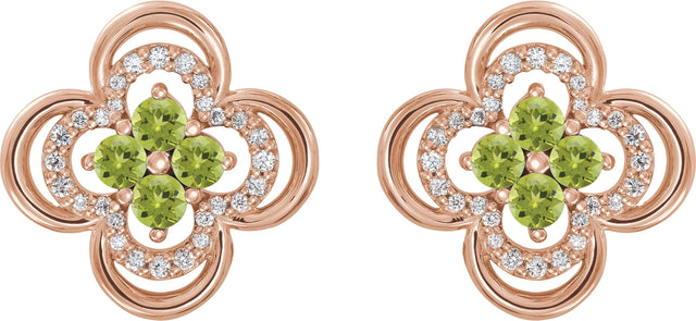 14K Gold Round Natural Peridot Clover Earrings – 2.5mm Stones - Rose Gold - view 4