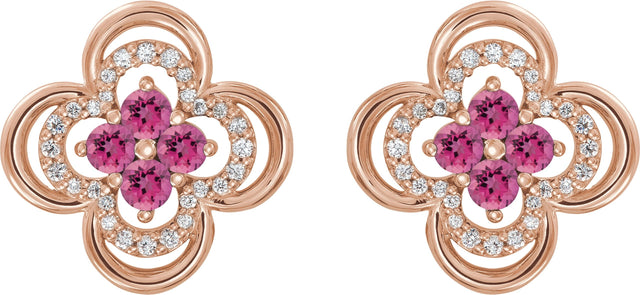 14K Gold Round Natural Pink Tourmaline Clover Earrings – 2.5mm Stones - Rose Gold - view 4
