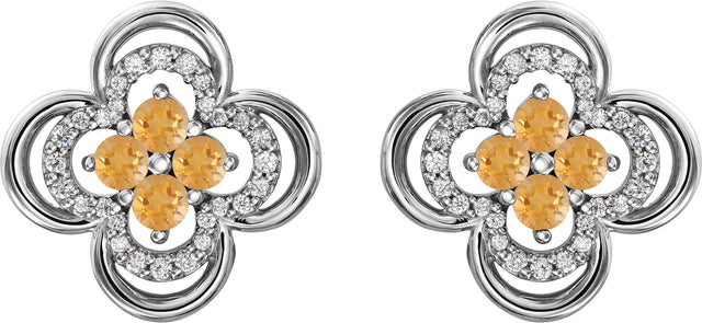 14K Gold Round Natural Citrine Clover Earrings – 2.5mm Stones - White Gold - view 4