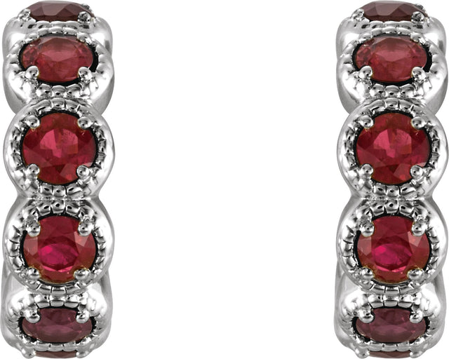 14K Gold Round Natural Mozambique Garnet Accented Hoop Earrings - White Gold - view 4