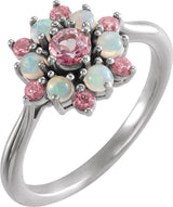 14K Gold Round Natural Pink Tourmaline & Natural Ethiopian Opal Cluster Ring - White Gold