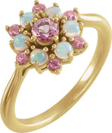 14K Gold Round Natural Pink Tourmaline & Natural Ethiopian Opal Cluster Ring - Yellow Gold