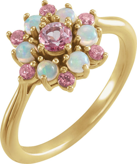 14K Gold Round Natural Pink Tourmaline & Natural Ethiopian Opal Cluster Ring - Yellow Gold