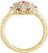 14K Gold Round Natural Pink Tourmaline & Natural Ethiopian Opal Cluster Ring - Yellow Gold - view 2