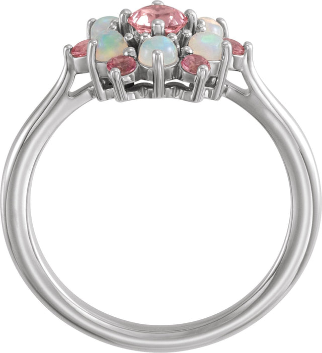 14K Gold Round Natural Pink Tourmaline & Natural Ethiopian Opal Cluster Ring - White Gold - view 2
