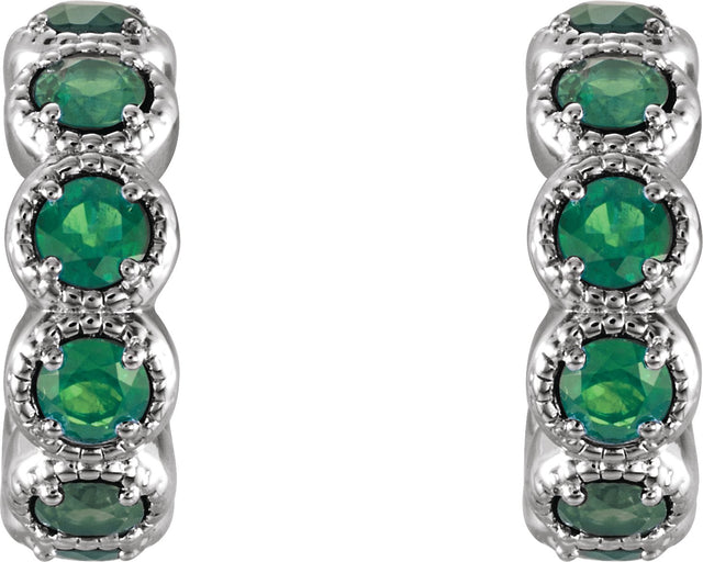14K Gold Round Natural Emerald Accented Hoop Earrings - White Gold - view 4