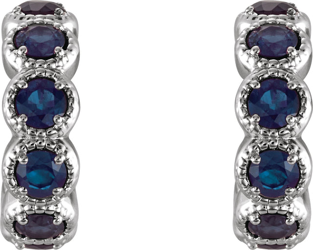 14K Gold Round Natural Blue Sapphire Accented Hoop Earrings - White Gold - view 4