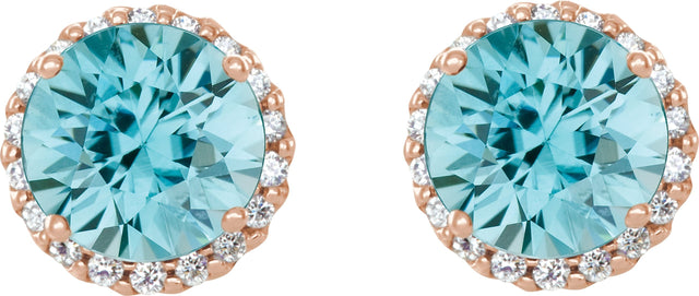 14K Gold Natural Blue Zircon Round 4-Prong Halo-Style Earrings – 3-6mm Stones - Rose Gold - view 5