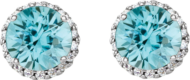 14K Gold Natural Blue Zircon Round 4-Prong Halo-Style Earrings – 3-6mm Stones - White Gold - view 4