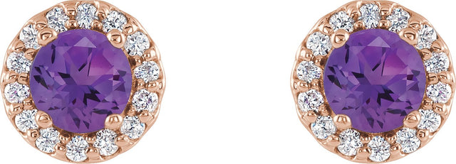 14K Gold Natural Amethyst Round 4-Prong Halo-Style Earrings – 3-6mm Stones - Rose Gold - view 4