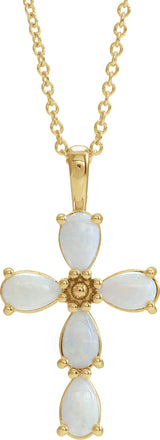 14K Gold Pear Natural White Opal Beaded Cross Necklace or Pendant - Yellow Gold