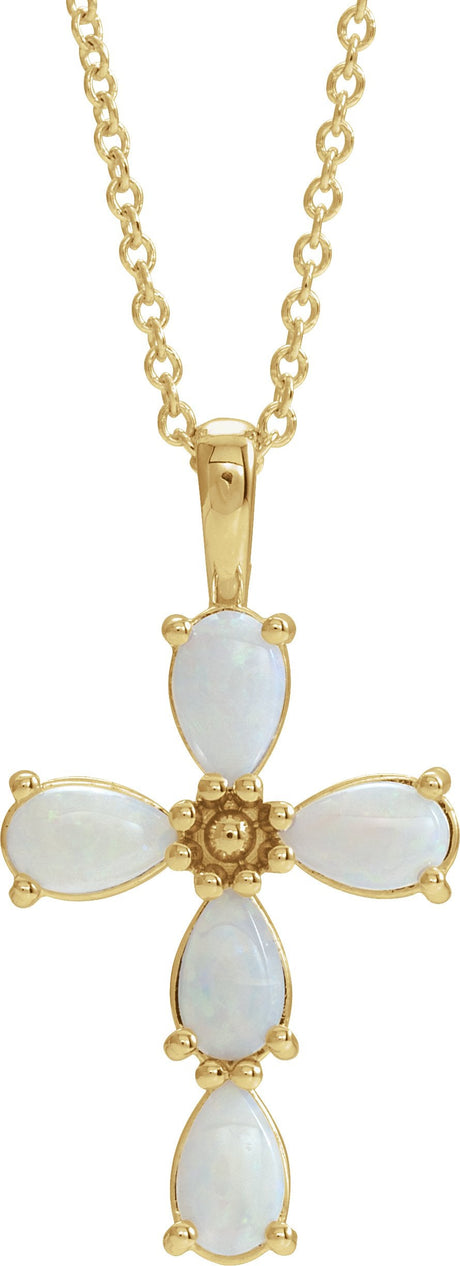 14K Gold Pear Natural White Opal Beaded Cross Necklace or Pendant - Yellow Gold